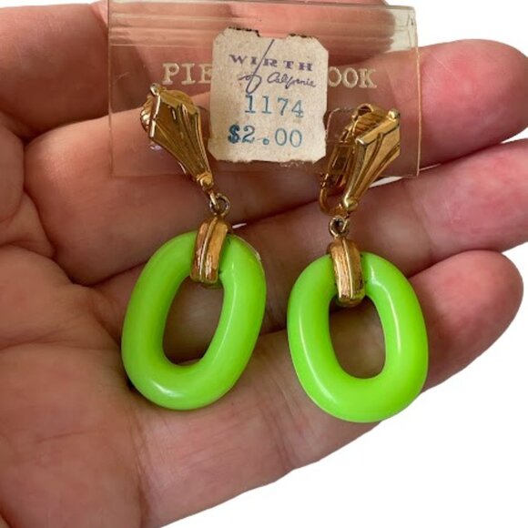 Vintage Acrylic Green Oval Gold Tone Dangle Earrings Original Card Clip-ons - Picture 6 of 6